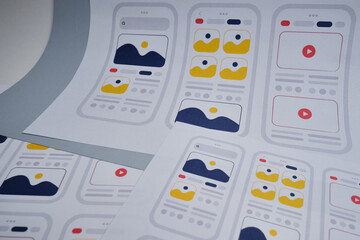 UX mobile application wireframe. Sketch, prototype, framework, layout future app design project. UI/UX - user interface and user experience designer. Creative concept for smartphone. App development