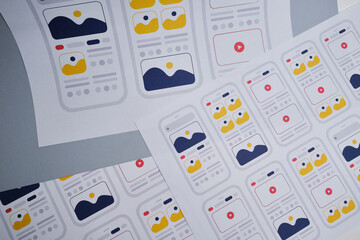 UX mobile application wireframe. Sketch, prototype, framework, layout future app design project. UI/UX - user interface and user experience designer. Creative concept for smartphone. App development