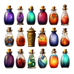 Wall Mural - collection of brightly colored potions galore isolated on a transparent background, generative ai