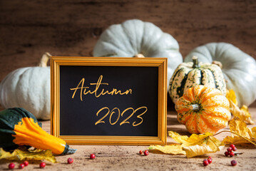 Wall Mural - autumn pumpkin decoration, text autumn 2023, golden frame