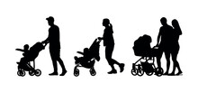 People Walking And Pushing Baby In Stroller Side View Silhouette Set.