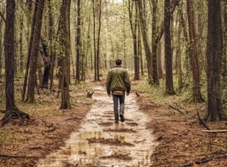 Confused man chooses road outdoor. Created with Generative AI technology.
