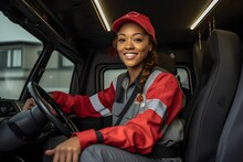 Candid Shot Of A Confident African American Female Delivery Truck Driver Seated At The Helm, An Embodiment Of The Integral Role Women Play In The Logistics Industry
