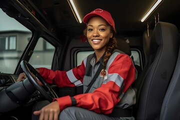 Candid shot of a confident african american female delivery truck driver seated at the helm, an embodiment of the integral role women play in the logistics industry