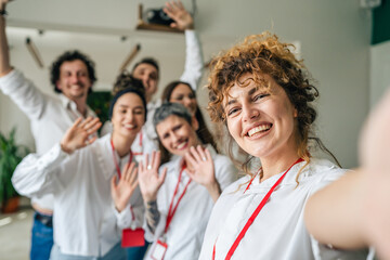 portrait of group of people colleagues at business conference seminar