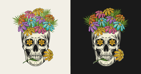 Wall Mural - Human skull like cup full of chamomile flowers. Skull holding flower between teeth. Groovy hippie retro style Front view illustration in vintage style.