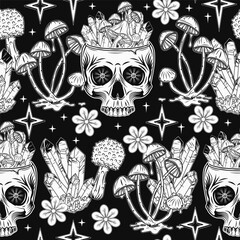 surreal pattern with human skull, crystals, mushrooms and stars concept of sacred spirit, magic, ext