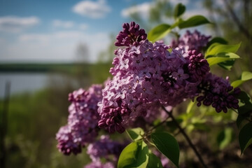 Wall Mural - Spring branch of blossoming lilacs against blue sky background, selective focus.
