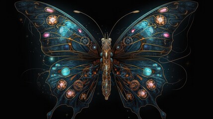 Space punk butterfly on a black background, concept for spacepunk butterfly, AI