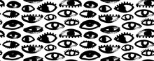 Brush Drawn Eyes Seamless Pattern. Hand Drawn Vector Ornament With Various Opened Eyes. Modern Hipster Style, Primitive Or Naive Drawing. Cartoon Seamless Pattern With Parts Of Faces.