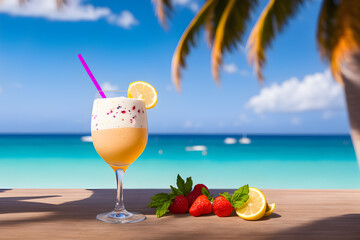 Cocktails on a tropical beach with palm trees and turquoise water. Summer vacation concept. Teasty cocktail. Beautyful background. Generative AI technology.