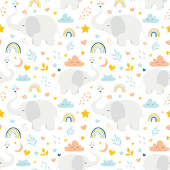 Cute elephant seamless pattern for baby shower decor, nursery print, kids apparel, wrapping paper, fabric, and textile. Seamless pattern with cute elephants, clouds and florals on white background.