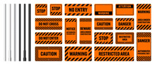 Warning, Danger Signs, Attention Banners With Metal Poles. Orange Caution Sign, Construction Site Signage. Notice Signboard, Warning Banner, Road Shield. Vector Illustration