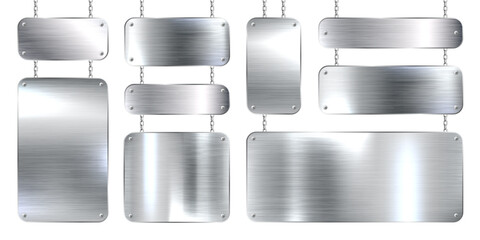 Wall Mural - Metal banners hanging on a chain. Realistic shiny steel plate with screws. Polished silver metal surface. Vector illustration