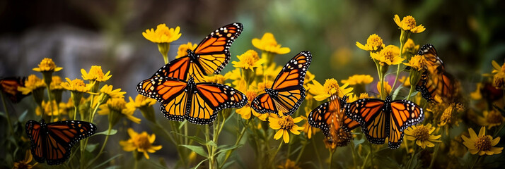 Wall Mural - A swarm of monarch butterflies resting on a vibrant orange and yellow flower, Generative AI