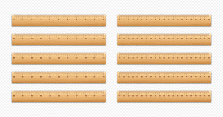 Wall Mural - Realistic various wooden rulers with measurement scale and divisions, measure marks. School ruler, centimeter and inch scale for length measuring. Office supplies. Vector illustration