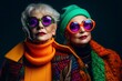 © Road Red Runner - In a studio, two senior women, retired and full of life, strike a pose wearing vibrant party clothes, colorful make-up, and stylish sunglasses. AI Generated