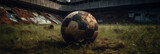 Fototapeta Sport - An abandoned stadium where a worn,out soccer ball lies motionless on an overgrown grassy field, The peeling paint and deserted surroundings add to the melancholic atmosphere, Generative AI