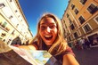 © Road Red Runner - Young tourist woman smiles with a paper map. Ai generated.