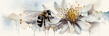 A Bee Collecting Pollen From A Flower, Watercolour Style, Generative AI