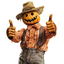 Funny Scarecrow With Pumpkin Head Thumbs Up Isolated On Transparent Background - Generative AI