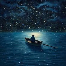 Boat Drifting In The Sea With Starry Sky, Generated By AI