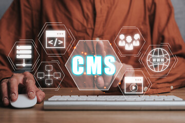 cms, content management system concept, person hand touching content management system icon on virtu