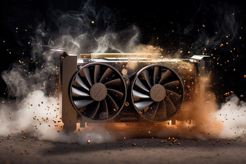 Wall Mural - Close-up modern GPU graphic card spinning with dynamic background design