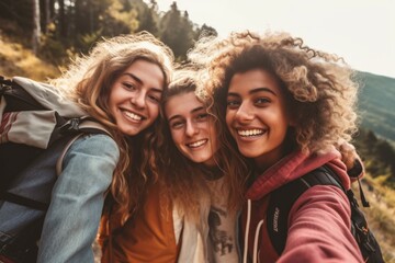 A group of teenagers on vacation in a hike or on an excursion. Background with selective focus. AI generated