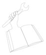 One continuous line of Book with Wrench. Thin Line Illustration Instruction Manual vector concept. Contour Drawing Creative ideas.