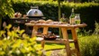 © Tuyres - Barbecue and Picnic Table in a Garden on a sunny day in summer. Generative AI illustration.