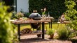 © Tuyres - Barbecue and Picnic Table in a Garden on a sunny day in summer. Generative AI illustration.