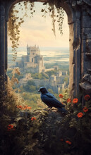 Raven Perched In A Window With A Medieval Landscape In The Background
