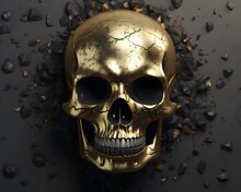A White Background With A Matte Black And Gold Skull On It. Generative AI
