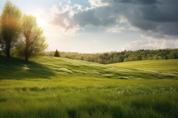 Poster - natural landscape with green grass field, spring summer landscape