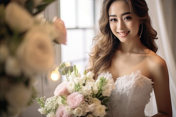 Beautiful Attractive Asian bride wearing wedding dress smile and holding bouquet,Feeling so proud and happiness in wedding day