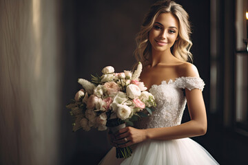 Wall Mural - Luxury wedding bride, girl posing and smiling with bouquet