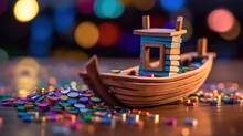 Wooden Toy Fishing Boat With Colorful Blocs Isolated High
