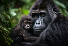 Portrait Of A Strong Beautiful Loving Family Of Gorillas Extreme Closeup. Generative AI