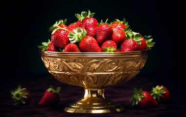 strawberries in a chased golden cup on a wooden table