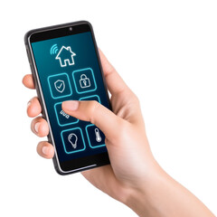 Wall Mural - hand holding phone with smart home app isolated on transparent background - generative ai