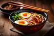 chopstick noodle soup meal bowl vegetable food ramen japanese asian. Generative AI.