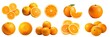 Orange oranges fruit, many angles and view side top sliced halved cut isolated on transparent background cutout, PNG file

