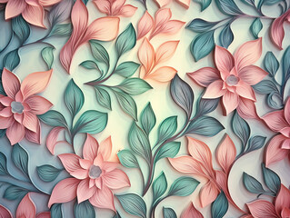 Paper craft relief of floral flowers and leaves in pastel color