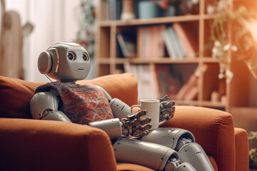 chatgpt ai robot sitting on the sofa like a normal human being