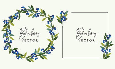 Wall Mural - Blueberry frame with leaves graphic illustration. Set of romantic frames with ripe blueberries on white isolated background. Greeting card or invitation design