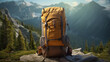 Large hiking and trekking backpacks The background image is a mountain forest. wide-angle lens realistic lighting