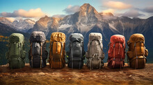  Large Hiking And Trekking Backpacks The Background Image Is A Mountain Forest. Wide-angle Lens Realistic Lighting