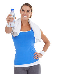 Canvas Print - Woman, show and water bottle for fitness, happy and portrait with hydration and health isolated on transparent png background. Mineral drink, wellness and female person with towel, workout with h2o