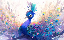Abstract Cartoon Cute Peacock With Feathers. Illustration. Generative AI Technology.